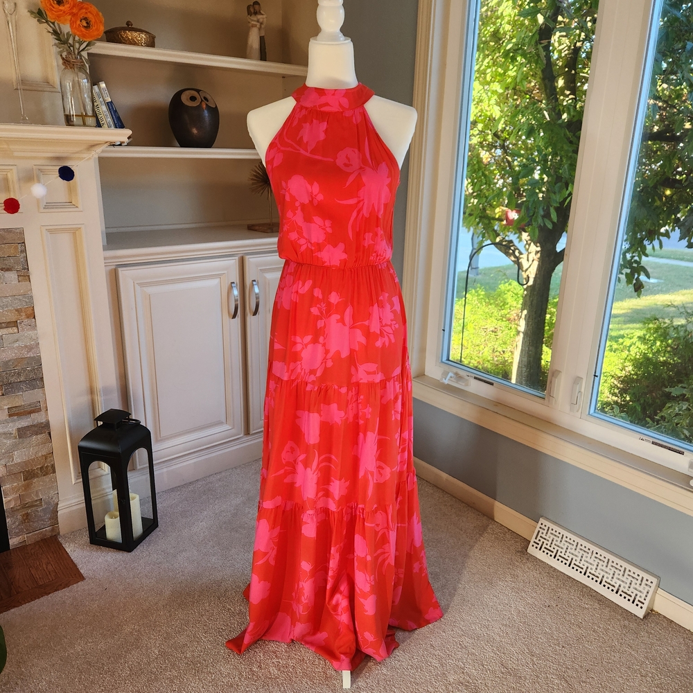 Elegant Red and Pink Floral Maxi Dress